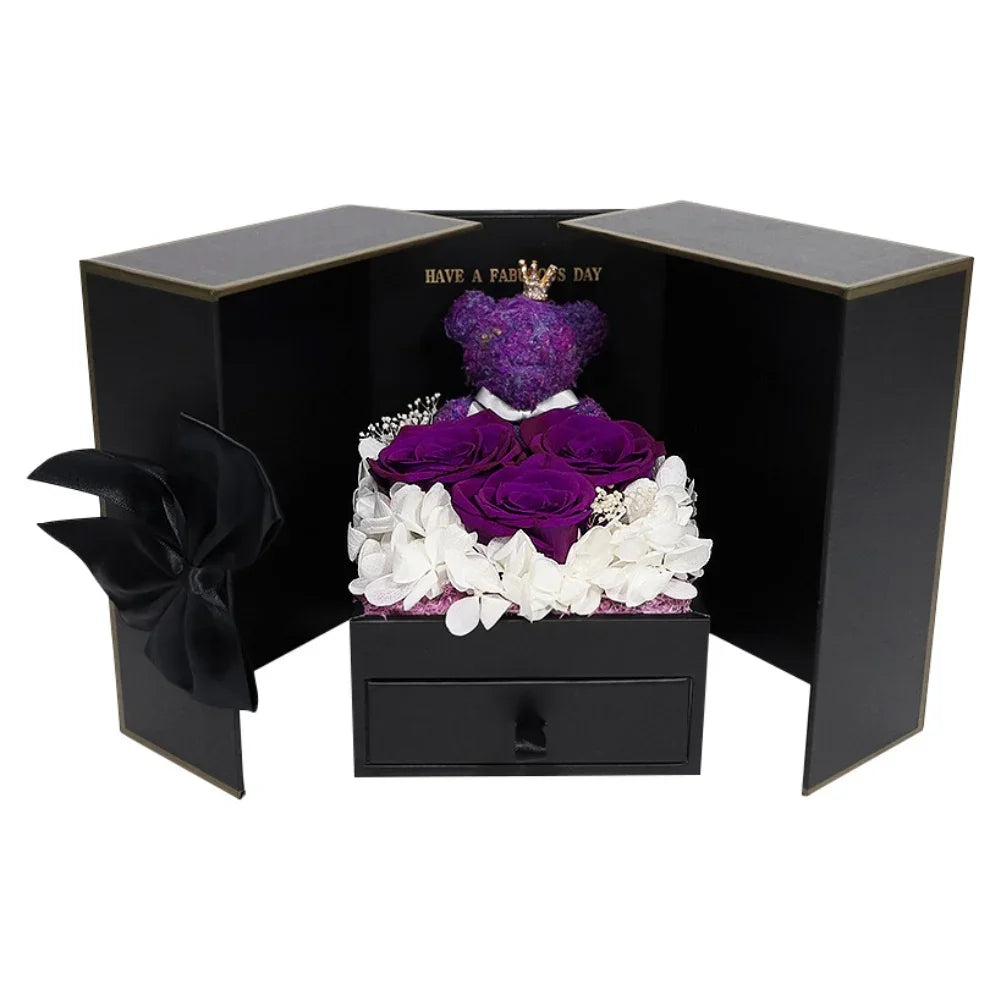 Rose Bear Gift Box with Eternal Rose and Necklace Fusion Gifts