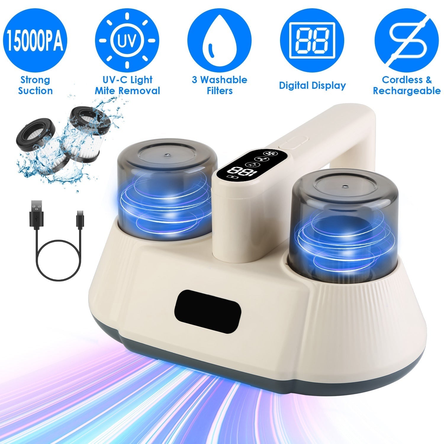 15000 Pa Bed Vacuum Cleaner – Double-Cup & UV-C Sanitizer Travel & Portable Gadgets
